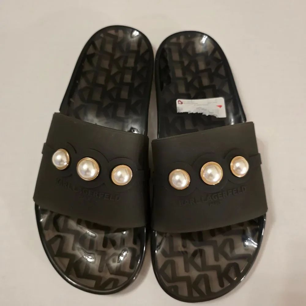 BRAND NEW KARL LAGERFELD TEAL SLIDE with CRYSTAL DETAILS SANDAL